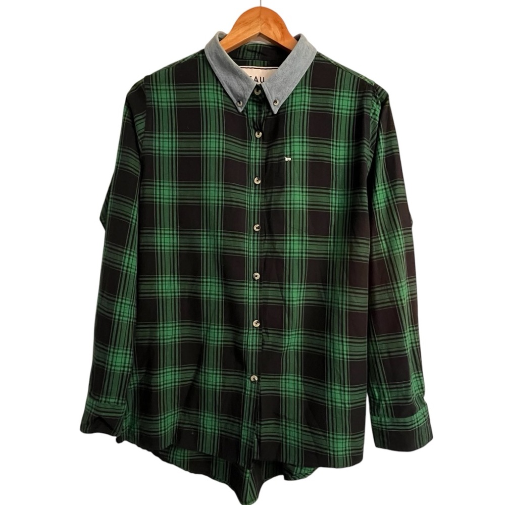 Peau De Loup Cotton Plaid Button Up Shirt Size 10 Green Black